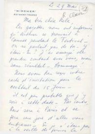 Portada:Carta dirigida a Aniela Rubinstein. Saint -Tropez (Suiza), 29-05-1972