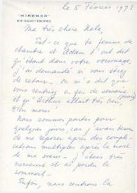 Portada:Carta dirigida a Aniela Rubinstein. Saint -Tropez (Suiza), 05-02-1973