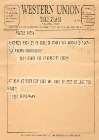 Portada:Telegrama dirigido a Aniela Rubinstein. París (Francia), 05-07-1960
