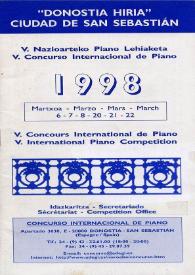 Portada:V Concurso Internacional de Piano = V Nazioarteko Piano Lehiaketa = V Concours International de Piano = V International Piano Competition