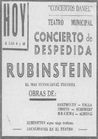 Portada:Concierto de despedida Rubinstein : El más sensacional pianista