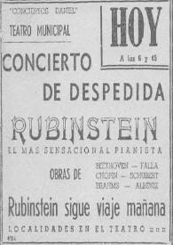 Portada:Concierto de despedida Rubinstein : El más sensacional pianista