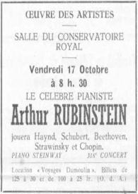 Portada:vendredi 17 octobre à 8 h. 30 Le celebre pianiste Arthur Rubinstein...