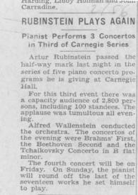 Portada:Rubinstein plays again : Pianist performs 3 concertos in third of Canegie series