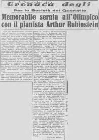 Portada:Per la Società del Quartetto : Memorabile serata all'Olimpico con il pianista Arthur Rubinstein