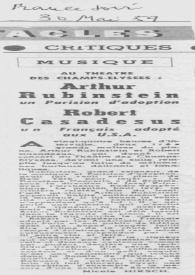 Portada:Au théatre des Champs - Elysées : Arthur Rubinstein un parisien d'adoptio : Robert Casadesus un français adopté aux U.S.A.