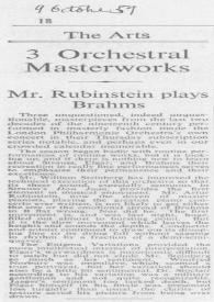 Portada:3 Orchestral masterworks : Mr. Rubinstein plays Brahms