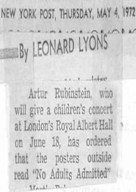 Portada:Rubinstein will give a children's concert at London's Royal Albert Hall