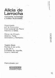 Portada:Alicia de Larrocha : concierto homenaje a Arthur Rubinstein