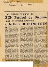 Portada:Très brillante ouverture du XIII festival de Divonne avec un concert émouvant d'Arthur Rubinstein