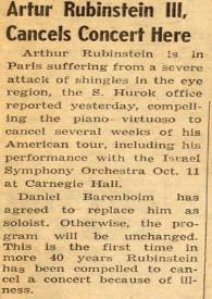 Portada:Artur (Arthur) Rubinstein III, cancels concert here