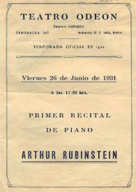 Portada:Temporada Oficial de 1931 : Primer recital de piano Arthur Rubinstein
