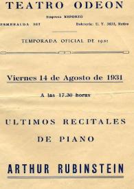 Portada:Temporada Oficial de 1931 : Últimos Recitales de Piano Arthur Rubinstein