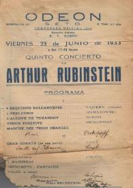 Portada:Temporada oficial 1933 : Quinto Concierto de Arthur Rubinstein