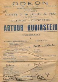Portada:Temporada oficial 1933 : Últimos Conciertos de Arthur Rubinstein