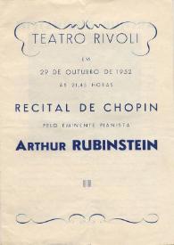 Portada:Programa de concierto Arthur Rubinstein : Recital de Chopin : Teatro Rivoli