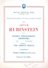Portada:Programa de concierto del pianista Arthur Rubinstein : con la London Philarmonic Orchestra : dirigida por Adrian Boult