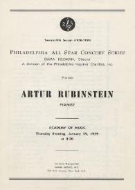 Portada:Programa de concierto del pianista Arthur Rubinstein : temporada veinticinco de 1958-1959 : dirigido por Emma Feldman
