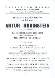 Portada:Arthur Rubinstein piano recital to commemorate the 25th anniversary of the battle of Britain