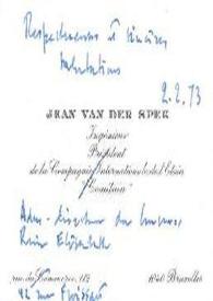 Portada:Tarjeta dirigida a Arthur Rubinstein. Bruselas (Bélgica), 02-02-1973