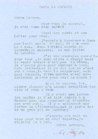 Portada:Carta dirigida a Aniela Rubinstein. París (Francia), 28-04-1967