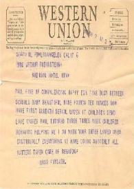 Portada:Telegrama dirigido a Aniela Rubinstein. Los Angeles (California), 07-03-1945