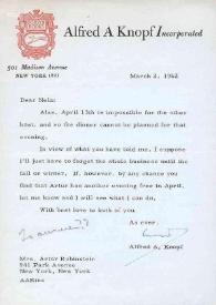 Portada:Carta dirigida a Aniela Rubinstein. Nueva York, 02-03-1962