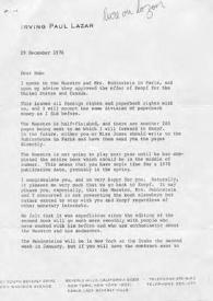 Portada:Carta dirigida a Robert Gottlieb (Alfred A. Knopf Inc). Beverly Hills (California), 29-12-1976