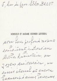Portada:Tarjeta dirigida a Arthur Rubinstein. Brest (Francia)