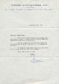 Portada:Carta dirigida a Arthur Rubinstein. Nueva York, 23-09-1958