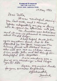 Portada:Carta dirigida a Aniela Rubinstein. Beverly Hills (California), 27-05-1986
