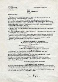 Portada:Carta dirigida a Aniela Rubinstein. Varsovia (Polonia), 15-12-1992