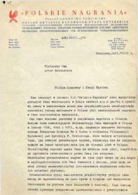 Portada:Carta dirigida a Arthur Rubinstein. Varsovia (Polonia), 15-07-1979