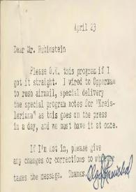 Portada:Tarjeta dirigida a Arthur Rubinstein, 23-04-1946