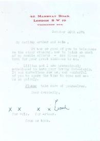 Portada:Carta dirigida a Aniela y Arthur Rubinstein. Londres (Inglaterra), 20-10-1974