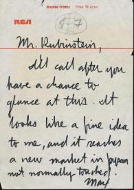 Portada:Carta dirigida a Arthur Rubinstein. Nueva York (Estados Unidos), 08-01-1971