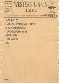 Portada:Telegrama dirigido a Arthur Rubinstein. Los Angeles (California), 21-02-1968
