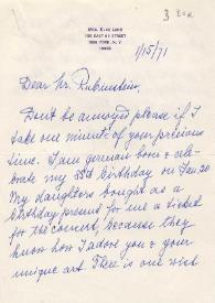 Portada:Carta dirigida a Arthur Rubinstein. Nueva York, 15-01-1971