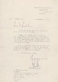 Portada:Carta dirigida a Jan Jacob Bistritzky (Director del Concurso Internacional de Maestros de Piano Arthur Rubinstein). Londres (Inglaterra), 01-11-1972