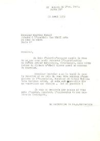 Portada:Carta dirigida Jacques Bourcier (Jefe de la Secretaría del Instituto de Francia. Academia de Bellas Artes). París (Francia), 02-04-1972