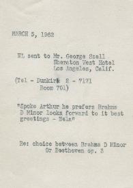 Portada:Telegrama dirigido a George Szell. Nueva York, 05-03-1962