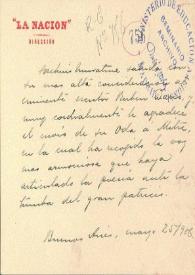 Portada:Nota manuscrita en tarjeta con membrete de La Nación