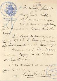 Portada:Carta manuscrita con membrete del Grand Hotel de Barcelona