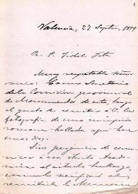 Portada:Carta de Luis Tramoyeres Blasco a Fidel Fita comunicando el hallazgo de una inscripción romana a finales de agosto de 1899 y el envio de su descripción y fotografía / Comisón provincial de Monumentos de Valencia