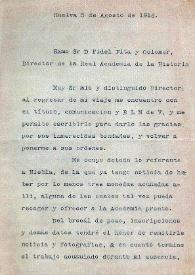 Portada:Carta mecanografiada del ingeniero de caminos José Albelda a Fidel Fita notificándole que se ocupará de enviar noticia y fotos de diversos objetos