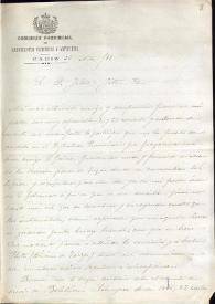 Portada:Carta de Francisco Asís Vera a Fidel Fita comunicando su intención de recoger las lápidas de Grazalema y pasar a Cabo Plata (Tarifa) / Academia de la Historia; Academia de Bellas artes de San Fernando; Comisión de Monumentos; Correos