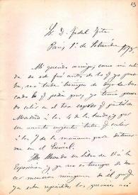 Portada:Carta de Ricardo Velázquez a Fidel Fita informándole de que se encuentra en París en la Exposición Universal y del triste papel cultural español.