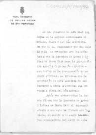 Portada:Oficio en el que se da cuenta que el envío correspondiente a la concurrencia por parte de la Real Academia de Bellas Artes de San Fernando a la exposición que organiza la Academia de Artes y Letras de Nueva York no se ha efectuado pero que se toman medidas para hacerlo efectivo