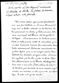 Portada:Copia del extracto de una carta del Alcalde de Ávila relativa a las circunstancias que rodearon el hallazgo del bronce del Berrueco.
