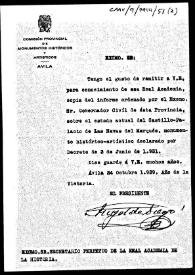 Portada:Oficio de remisión de la copia del informe ordenado por el Gobernador Civil de Ávila, relativo al estado del Castillo-Palacio de Las Navas del Marqués, monumento histórico-artístico declarado por Decreto del 3 de Junio de 1931.